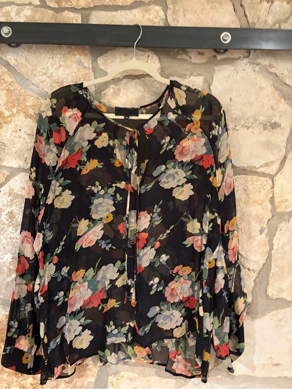 NILI LOTAN: Sheer Black Floral Tie-Neck Silk Blouse
